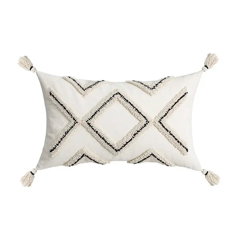 Cream geometric embroidery cushion cover with tassels in cream color for living room decorbites geometric embroidery design