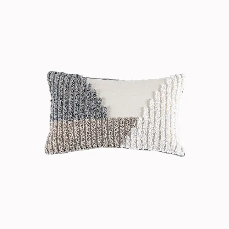Rectangular cushion cover with cream geometric embroidery and textured tufted stripes in gray and white for living room decorbites geometric embroidery