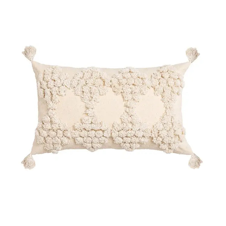 Cream cushion cover with geometric embroidery textured pom-pom clusters and tassels for living room decorbites geometric embroidery