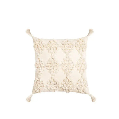 Cream square cushion cover with textured geometric embroidery and tassels for living room decorbites decor
