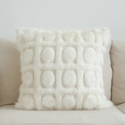 Cream geometric faux fur throw pillow with textured grid of raised circular pom-poms for bedroom decorbites cream geometric decor