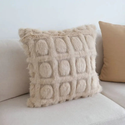 Cream geometric faux fur throw pillow with a textured grid pattern of raised oval shapes for decorbites cream geometric decor