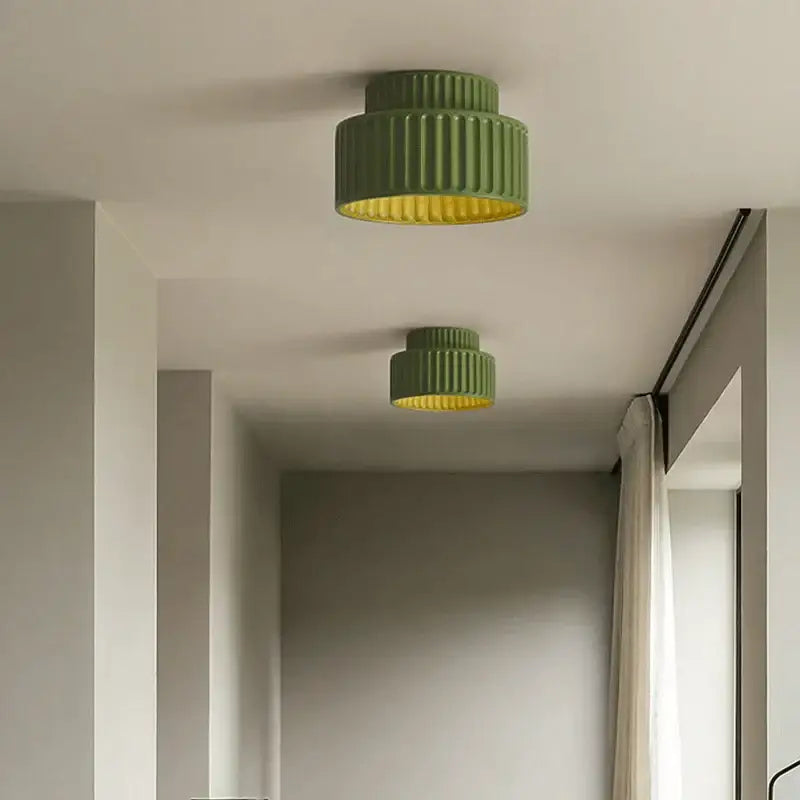 Olive green ribbed ceiling light with gold interior lining featured in cream green led chandelier lamp for dining room use
