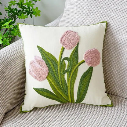 Cream green tulip embroidery cushion cover with pink tulips and decorbites green tulip border for living room decor