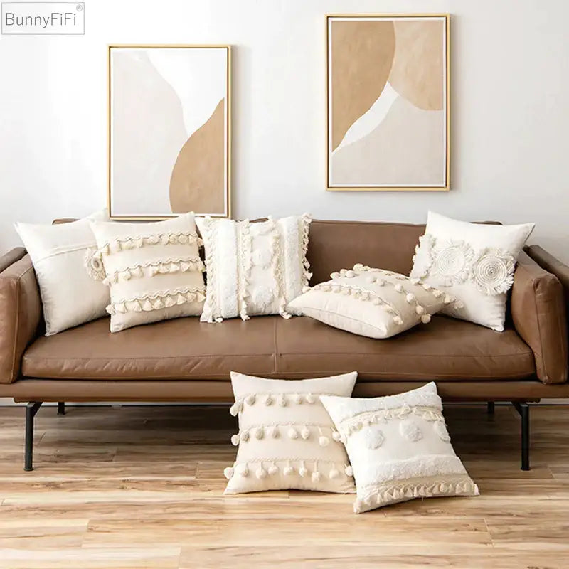 Cream ivory pompom tassel pillow cover with textured fabric and decorative pom-poms for cozy living room decorbites ivory pompom decor