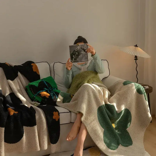 Cream korean kawaii flower blanket featuring a cream plush throw with oversized green and black floral appliqués decorbites korean kawaii