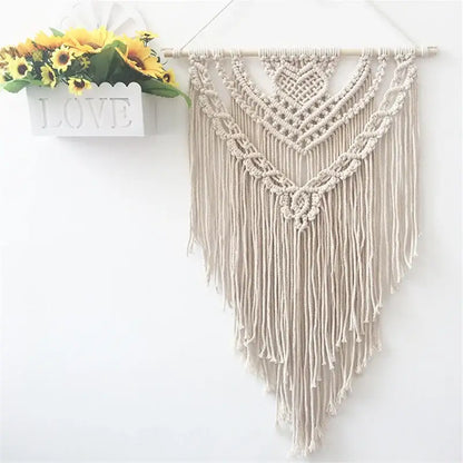 Cream and lavender cotton macrame wall hanging with intricate woven patterns and long fringe for living room decorbites colorful decor
