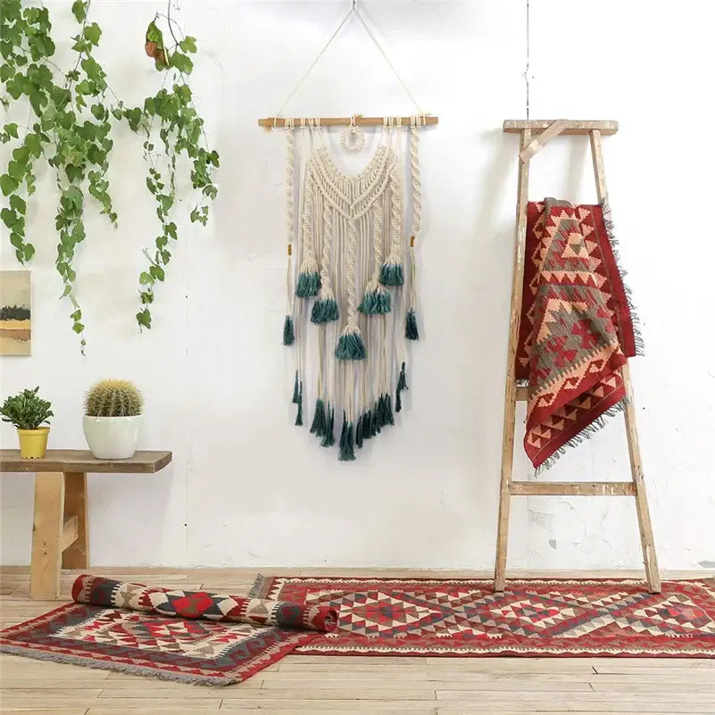 Cream and lavender macrame wall hanging with beige and teal cotton decorbites colorful cotton living room tapestry