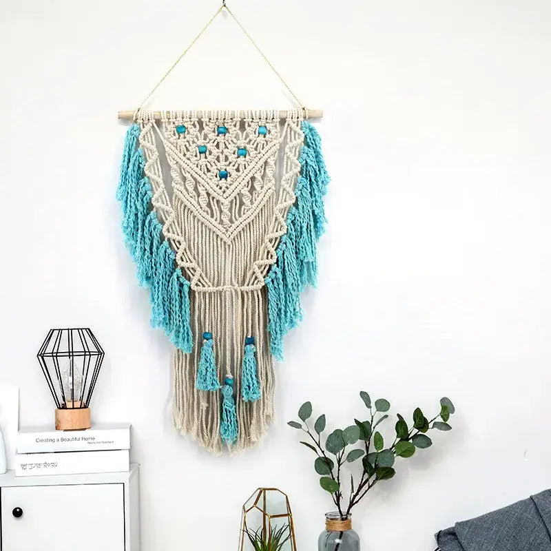 Cream and lavender wall hanging featuring beige and turquoise macrame with wooden dowel and blue beads for living room decorbites colorful cotton tapestry