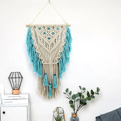 Cream and lavender wall hanging featuring beige and turquoise macrame with wooden dowel and blue beads for living room decorbites colorful cotton tapestry