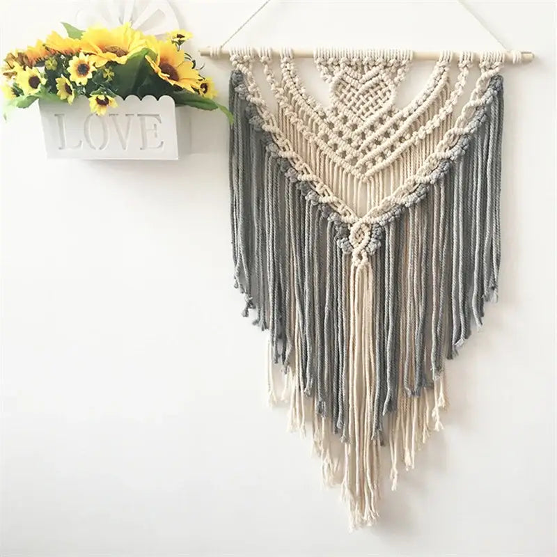 Cream and lavender cotton macrame wall hanging with triangular pattern and fringe for living room decorbites decor