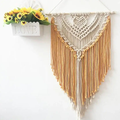 Cream and lavender cotton macrame wall hanging with geometric pattern and fringe for living room decorbites colorful decor
