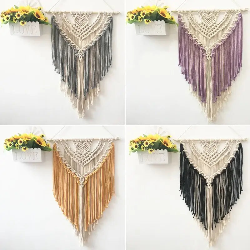 Cream and lavender macrame wall hanging with heart-shaped top and colorful cotton fringe for living room decorbites decor