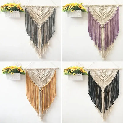 Cream and lavender macrame wall hanging with heart-shaped top and colorful cotton fringe for living room decorbites decor
