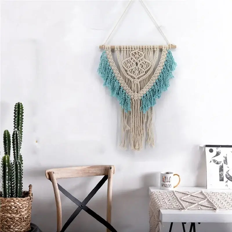 Cream and lavender macrame wall hanging with beige and teal cotton tassels on wooden dowel for living room decorbites colorful cotton decor