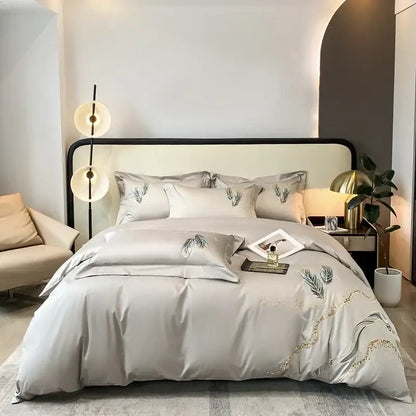 Silk-like gray cotton embroidery bed linens set with delicate leaf design and subtle gold thread for bedroom decorbites decor