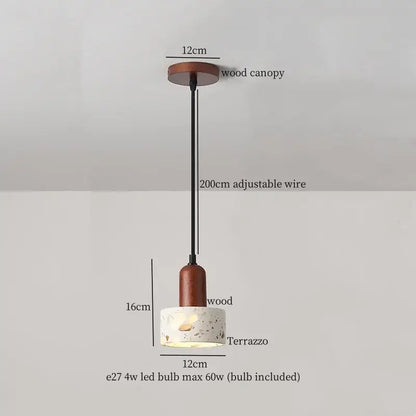 Rustic pendant light with warm wooden top and cream marble led terrazzo shade for bedroom decorbites cream marble