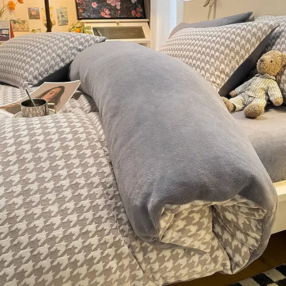 Gray plush body pillow with soft fuzzy texture and houndstooth lining paired with cream and mustard quilted duvet cover set