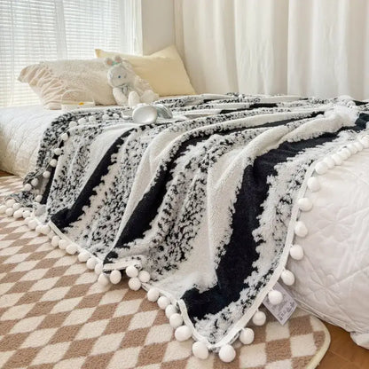 Black and white striped plush throw blanket with fluffy ball lace trim by decorbites jacquard fluffy for living room decor