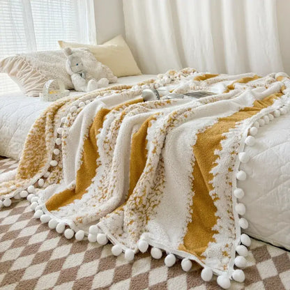 Cream and mustard yellow jacquard fluffy ball lace living room blanket with cozy fleece and pom-pom trim decorbites jacquard fluffy