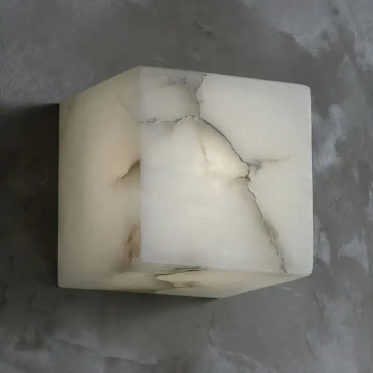Cream onyx marble cube led wall sconce with natural veining and subtle cracks for bedroom lighting