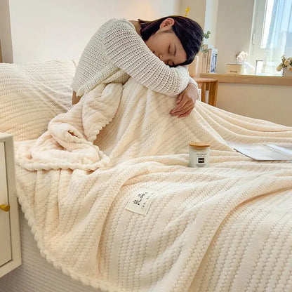 Cream plush double sided jacquard milk velvet blanket with soft cozy knit texture for bedroom throw use