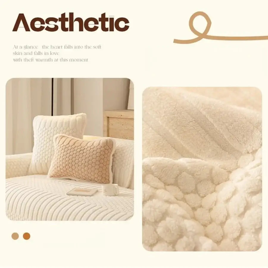 Cream plush loop yarn jacquard knit sofa slipcover with textured fluffy surface for a soft cozy living room look