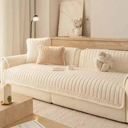 Cream plush loop yarn jacquard knit sofa slipcover with vertical ribbed and diamond-patterned stitching for living room use