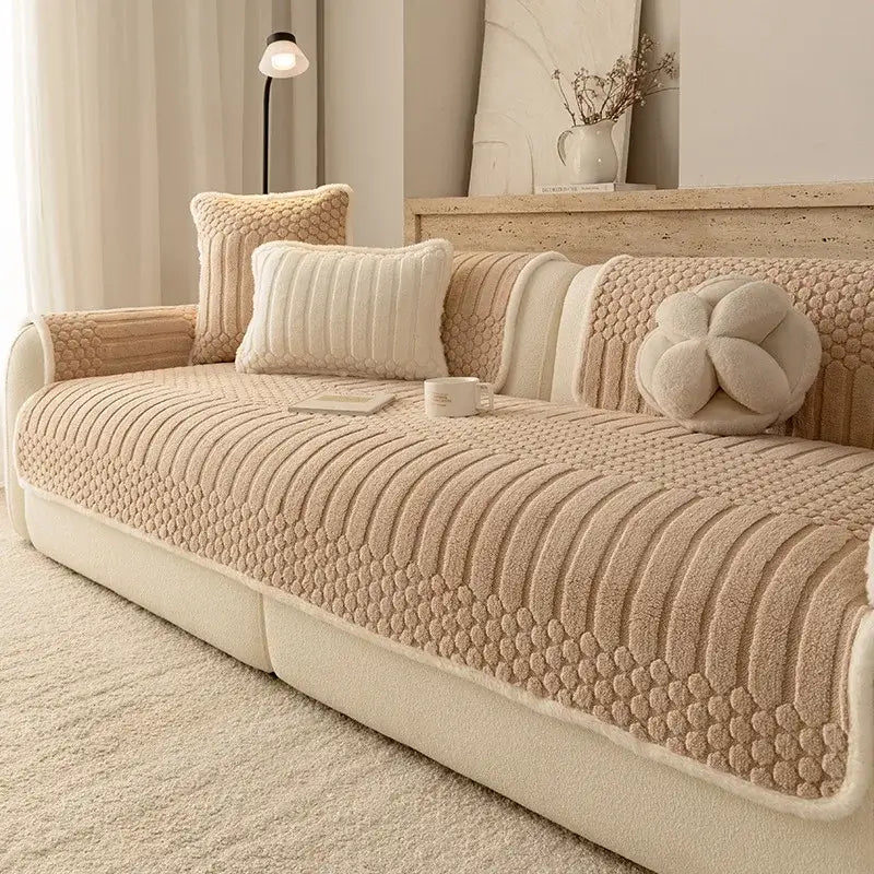 Cream beige jacquard knit sofa slipcover with plush quilted texture and soft cozy fabric for living room use