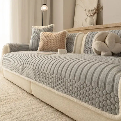 Cream plush loop yarn jacquard knit gray sofa slipcover with quilted pattern and cream fleece trim for living room use