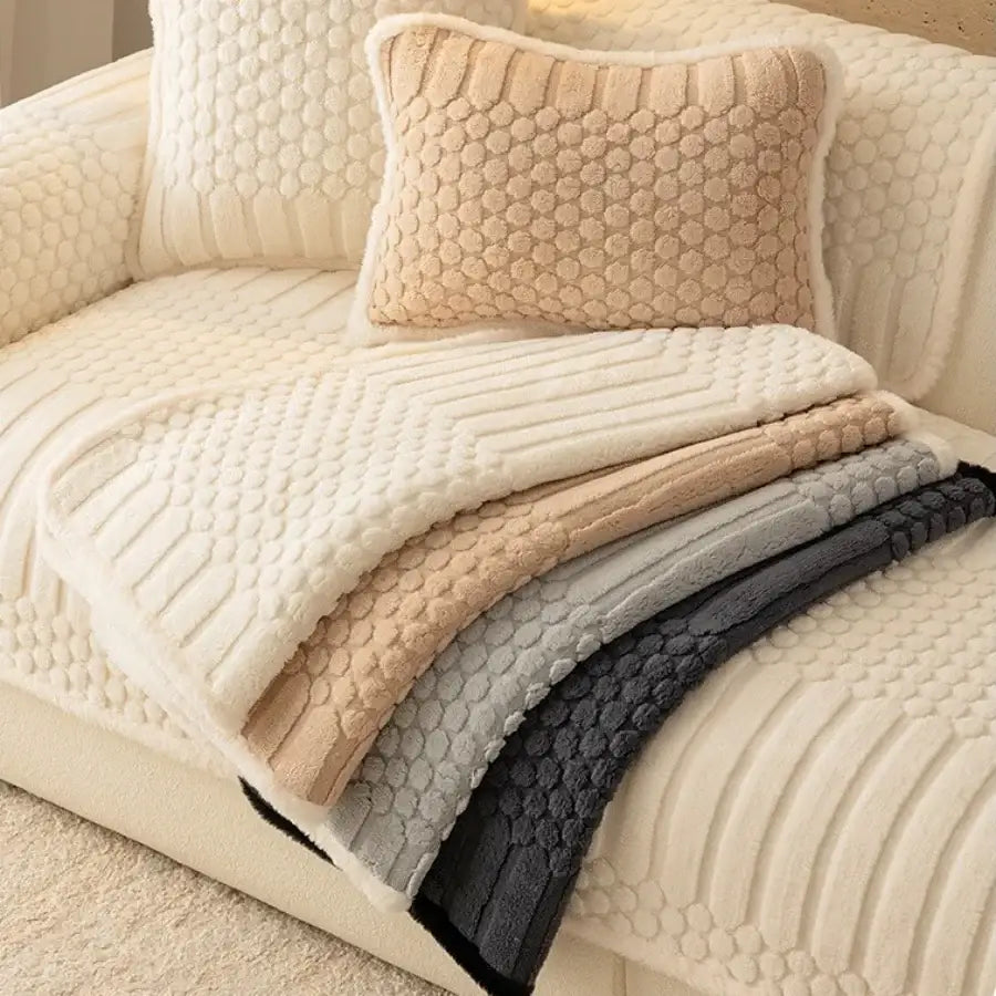 Cream plush jacquard knit sofa slipcover with textured honeycomb pattern in cream beige gray and black colors