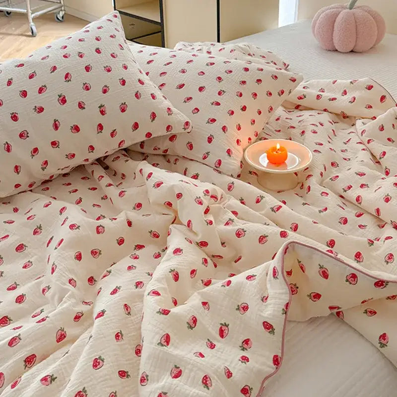 Cream polka dot floral quilt set in cream cotton with strawberry print and soft pink piping for bedroom bedding