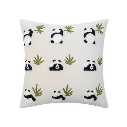 Cream white cushion cover with embroidered black and white pandas and green bamboo decorbites cartoon abstract design