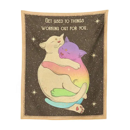 Cream and rainbow cat tapestry tarot wall hanging featuring two affectionate cats in a starry cosmic decorbites cat tapestry design
