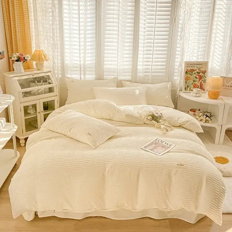 Cream ribbed bubble yarn cotton duvet cover set with cream-colored ribbed texture and subtle ruffled edges