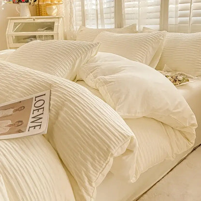 Cream ribbed bubble yarn fabric bedding set in cream with ribbed cotton duvet cover and matching pillows by decorbites bubble yarn