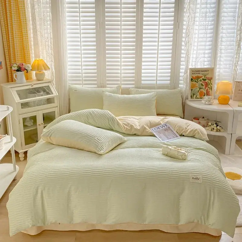 Pastel green ribbed cotton bedding set with bubble yarn fabric and subtle embroidered label decorbites bubble yarn
