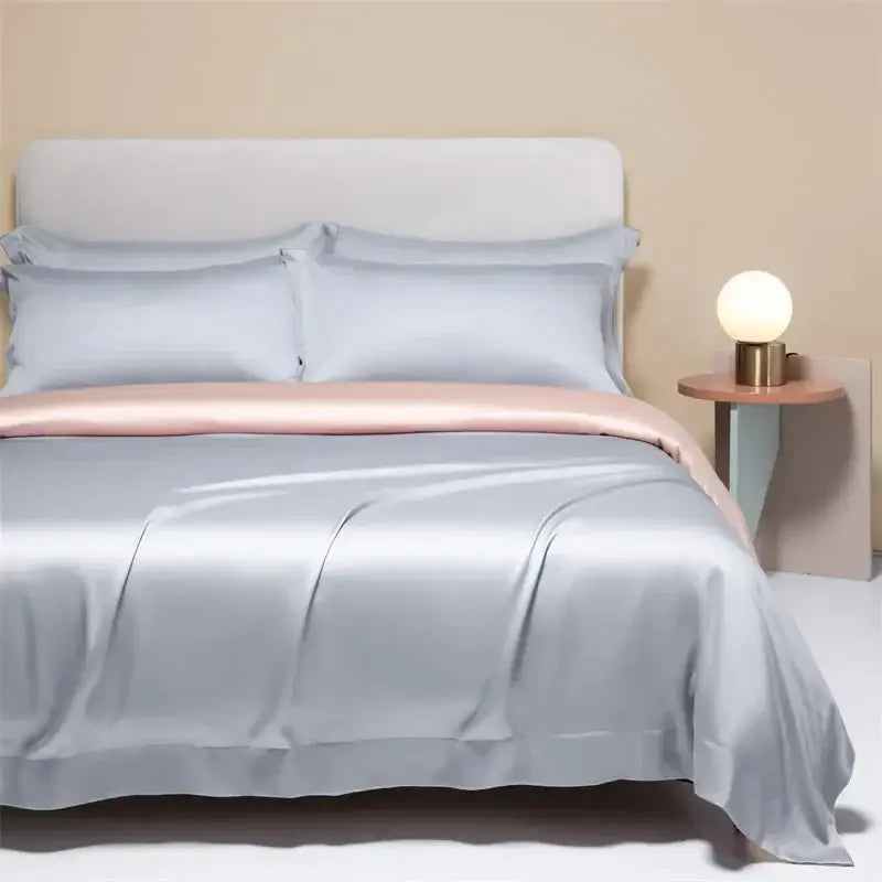 Light gray satin duvet cover with soft pink satin lining from decorbites 120s natural fabric bedding set for cooling comfort