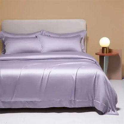 Lavender satin bedding set with matching pillows made from decorbites 120s natural fabric for cooling comfort