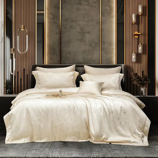 Cream satin jacquard egyptian cotton bedding set with subtle embroidered patterns for elegant bedroom decorbites design