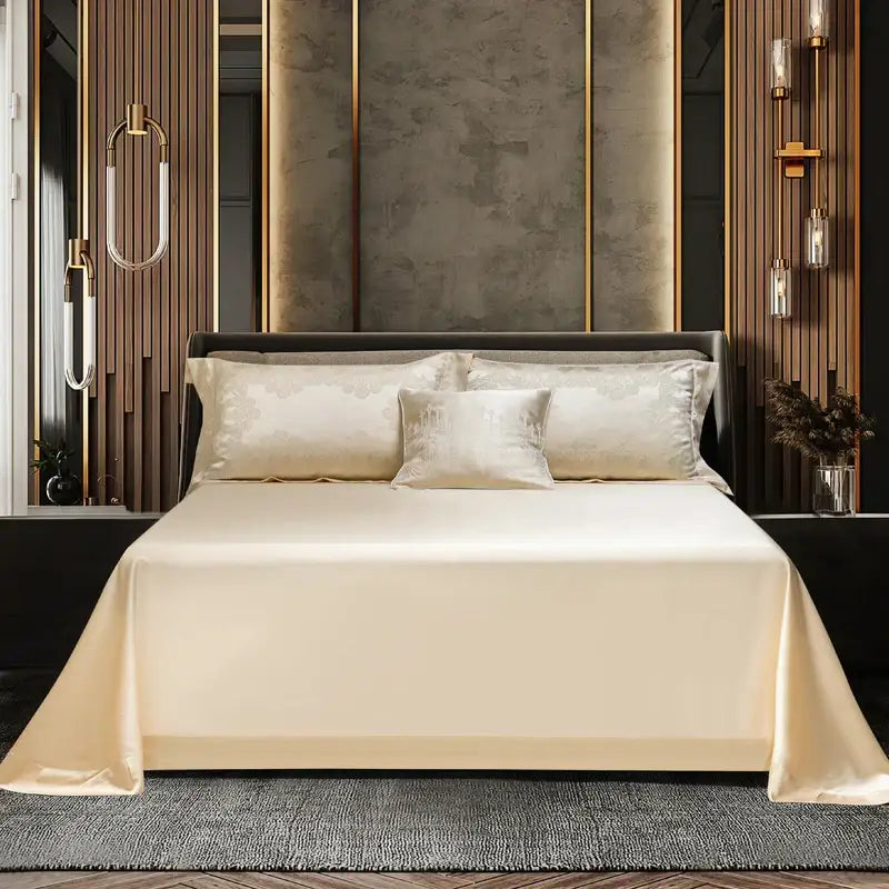 Cream satin jacquard Egyptian cotton bedding set with subtle sheen and matching embroidered pillows for bedroom decor