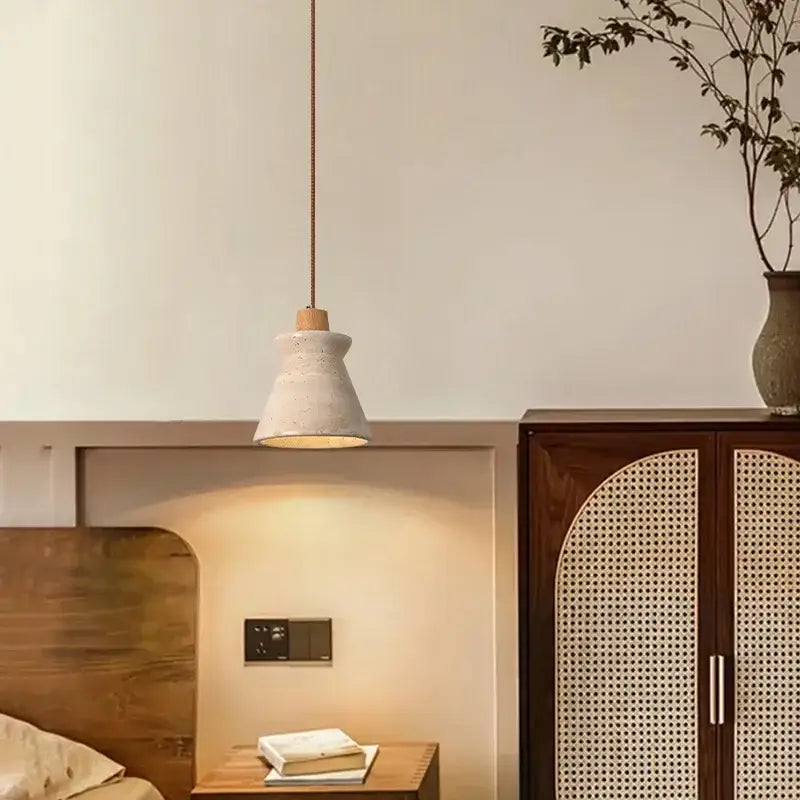 Minimalist concrete pendant light with warm tapered shade and wooden top in decorbites led wood yellow style for bedroom