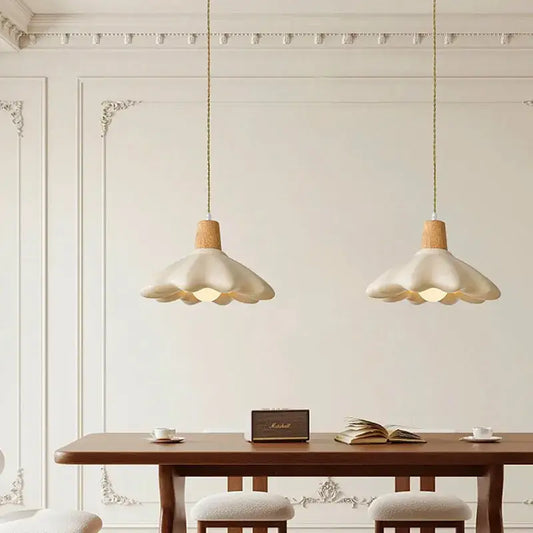 Cream style led flower chandelier with cream-colored wooden accents and gold-toned cords for bedroom decorbites cream style