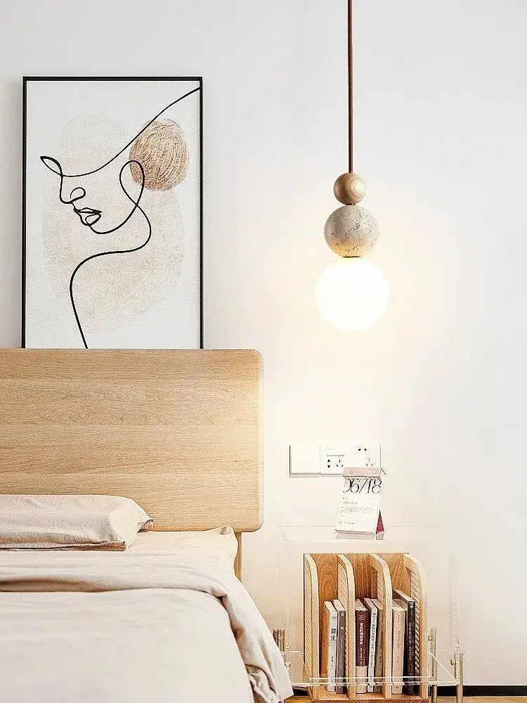 Minimalist cream style led pendant lamp with beige concrete and wooden orb shades for warm bedroom decorbites decor