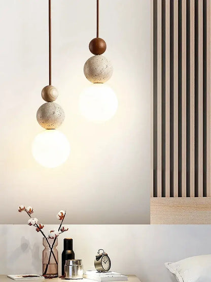 Modern cream style led pendant lamp with stacked stone and wood spheres for bedroom decorbites cream style lighting