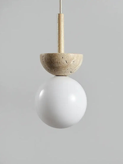 Minimalist cream style nordic pendant lamp with matte white glass globe, beige stone half-disk, and wooden rod decorbites cream style