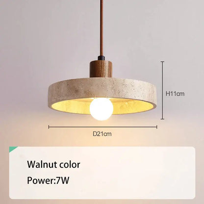 Cream style wood walnut and concrete pendant light with warm gold interior and wooden suspension rod for bedroom decorbites cream style