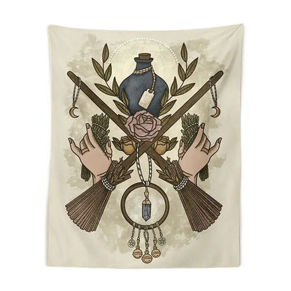 Cream tarot witchcraft tapestry with mystical design of crossed brooms sage and dreamcatcher for occult decor