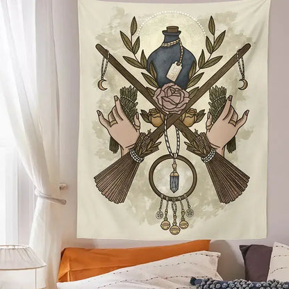 Cream tarot witchcraft tapestry with beige witch design featuring crossed brooms herbs and occult symbols in earthy tones
