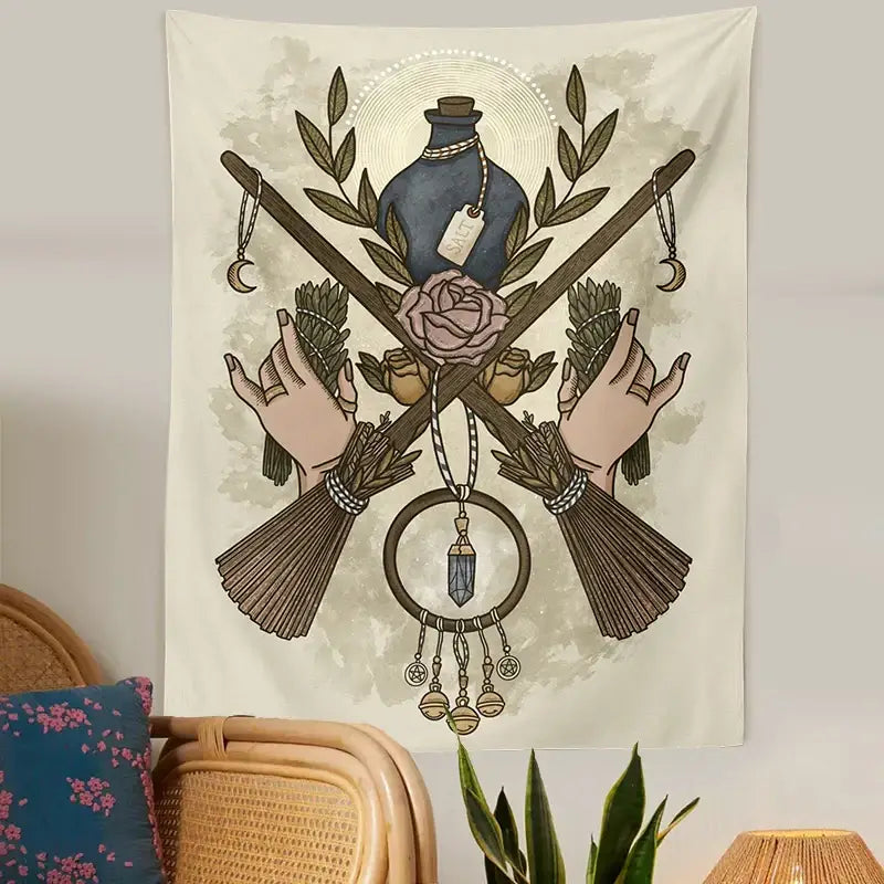 Cream tarot witchcraft tapestry with mystical design featuring crossed brooms sage bundles and a dreamcatcher wall decor